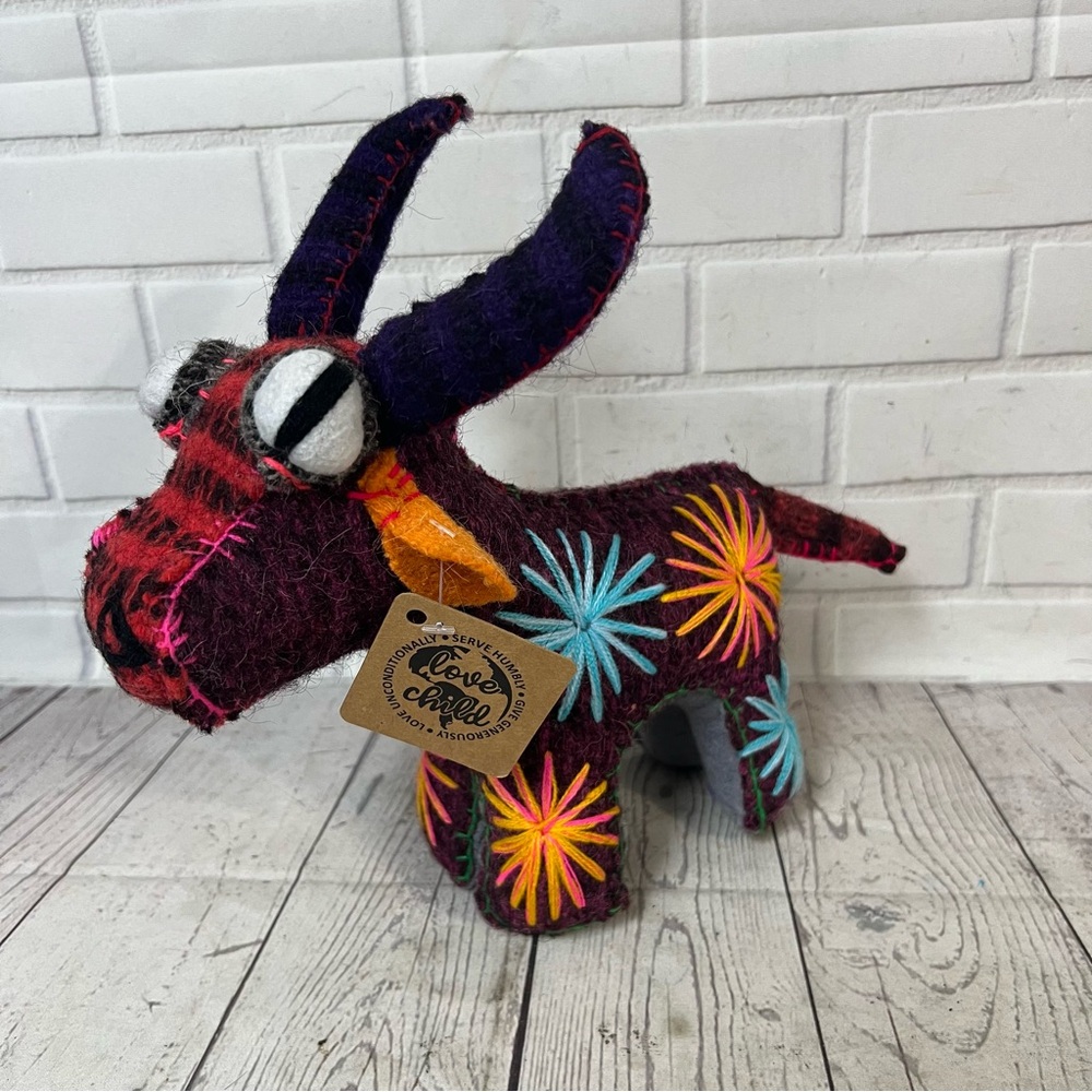 Wool Embroidered Folk Art Goat Figure Love Child Multicolor New NWT